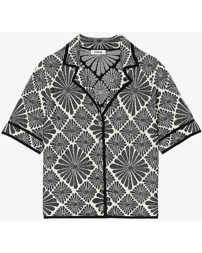 Sandro Floral-jacquard Short-sleeve Stretch-knit Cardigan - Grey