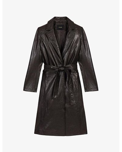 Maje Notch-lapel Belted Leather Coat - Black