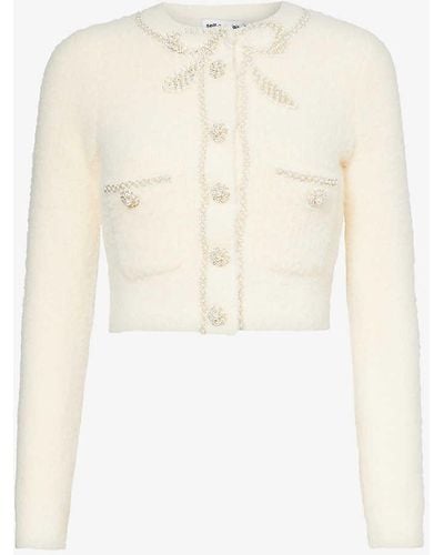 Self-Portrait Sequin-embellished Bow Woven Cardigan - White