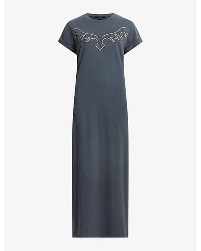AllSaints Randal Anna Western-embroidered Relaxed-fit Organic-cotton Maxi Dress - Blue