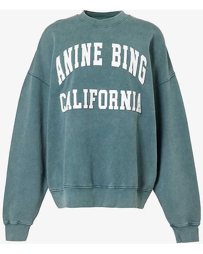 Anine Bing Miles Branded-print Organic Cotton-jersey Sweatshirt - Blue