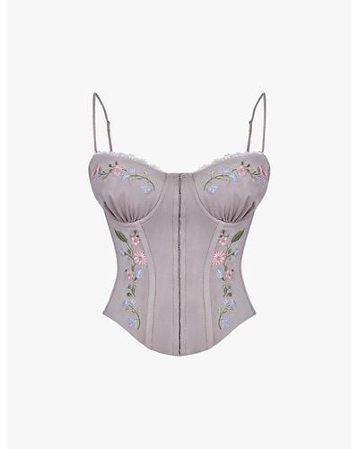 House Of Cb Petunia Floral-embroidered Stretch-woven Corset - Gray