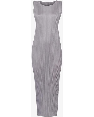 Pleats Please Issey Miyake Pleated Round-neck Knitted Midi Dress - Grey