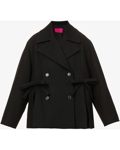 Valentino Double-breasted Bow-embellished Wool-blend Coat - Black
