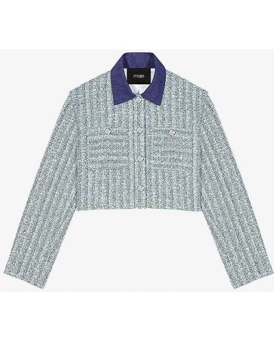Maje Contrast-tweed Cropped Cotton-blend Blazer - Blue