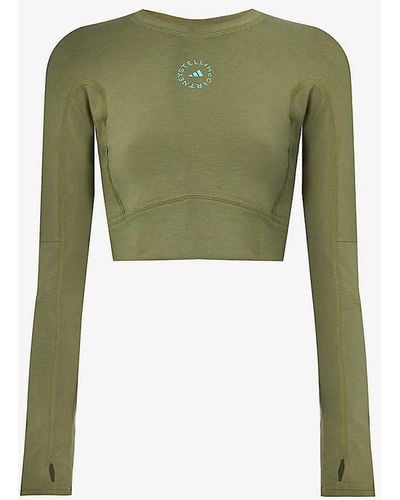 adidas By Stella McCartney Cropped Logo-print Stretch-knit Top - Green