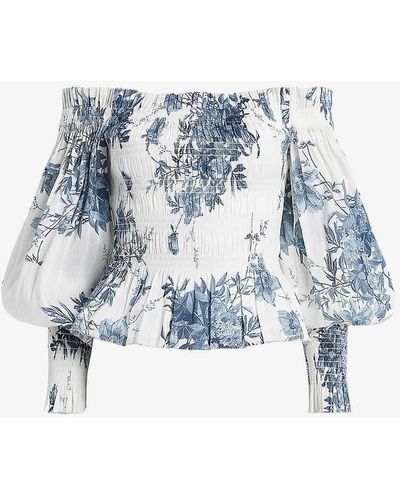 AllSaints Lara Dekorah Graphic-print Off-shoulder Silk And Linen-blend Top - Blue