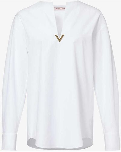 Valentino Garavani V-neck Logo-plaque Cotton-poplin Top - White