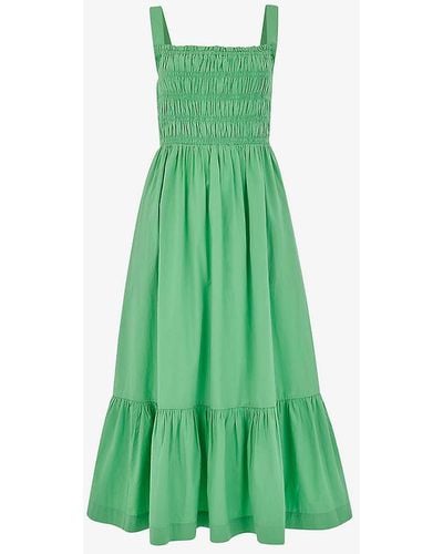 Whistles Greta Shirred-bodice Cotton Poplin Midi Dress - Green