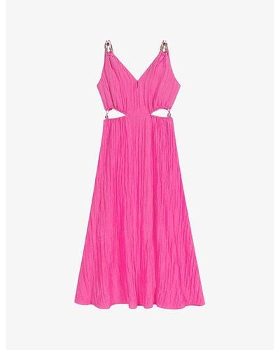 Maje Beaded Crinkle Woven Midi Dress - Pink