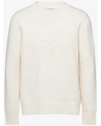 Prada Brand-embroidered Crewneck Wool And Cashmere-blend Jumper - White