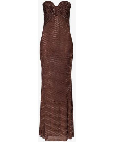 Self-Portrait Strapless Rhinestone-embellished Stretch-woven Maxi Dress - Brown