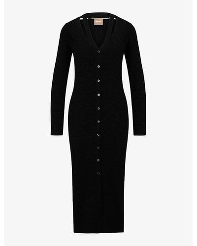 BOSS V-neck Button-front Knitted Midi Dress X - Black