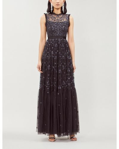 Needle & Thread Clover Gloss Embroidered Tulle Maxi Dress - Black