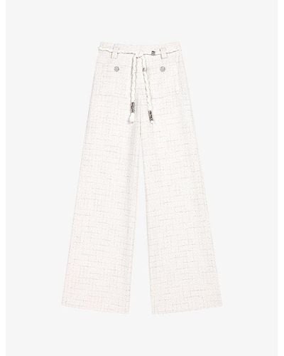 Maje Wide-leg High-rise Stretch Metallic-tweed Pants - White