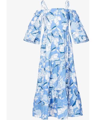 Benetton Floral-print Tie-strap Off-the-shoulder Cotton-poplin Midi Dress - Blue