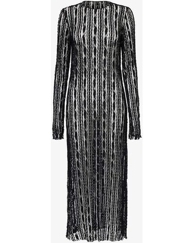 Uma Wang Long-sleeved Stripe-pattern Lace Midi Dress - Black
