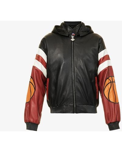 Just Don Basketball-appliqué Brand-embroidered Boxy-fit Leather Jacket - Black