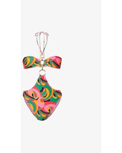 Jaded London Abstract-print Ring-detail Stretch Polyester Swimsuit - Multicolor