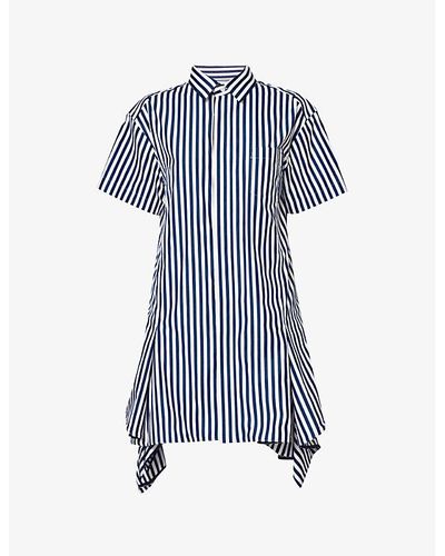 Sacai Vy Stripe Panelled-hem Striped Cotton-poplin Shirt Dress - Blue