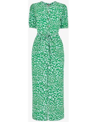 Whistles Smooth Leopard-print Puff-sleeve Woven Jumpsuit - Green