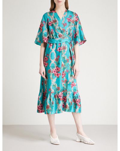 Sandro Floral-print Kimono Silk Dress - Blue
