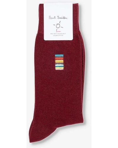 Paul Smith Stripe-embroide Stretch-organic-cotton Blend Socks - Red