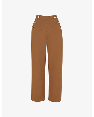 Whistles Emily Button-embellished Straight-leg High-rise Cotton Pants - Brown