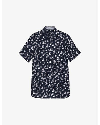 Ted Baker Vy Alfanso Floral-print Slim-fit Stretch-cotton Shirt - Blue