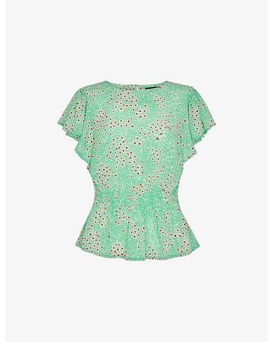 Whistles Daisy Meadow Frill-sleeve Woven Top - Green
