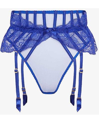Agent Provocateur Rozlyn Bow-embellished Woven Thong Suspender - Blue