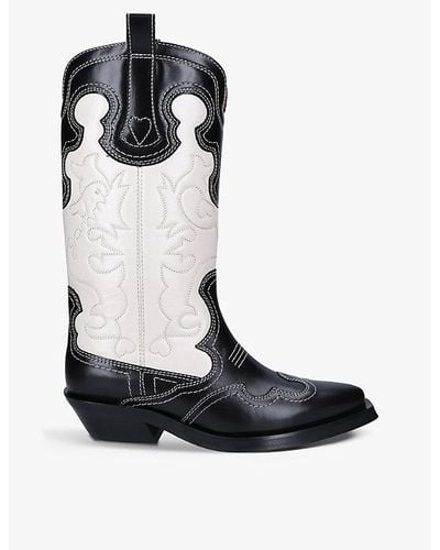 Ganni Mid Shaft Western Leather Boots - Black