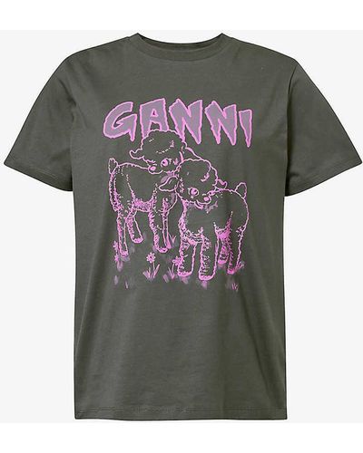 Ganni Lambs Graphic-print Organic-cotton T-shirt X - Green