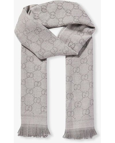 Gucci Monogram-pattern Fringed-trim Wool Scarf - Grey