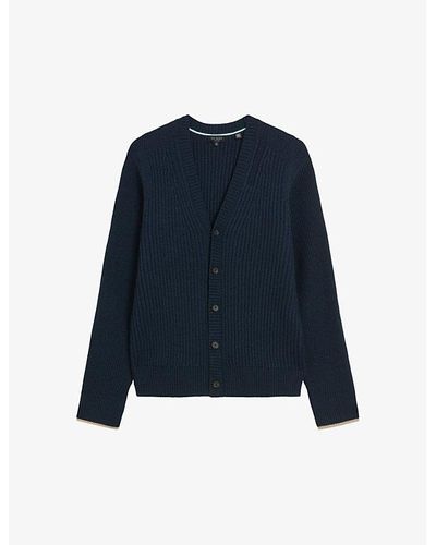 Ted Baker Alman V-neck Ribbed Wool Cardigan - Blue