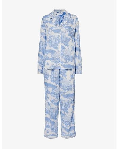 Desmond & Dempsey Loxodonta Graphic-print Cotton Pajamas X - Blue