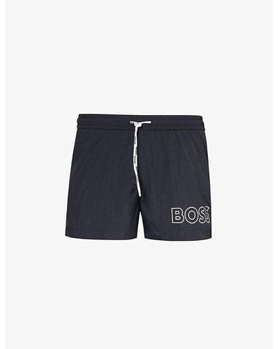 BOSS Logo-print Regular-fit Recycled-polyester Swim Shorts - Blue