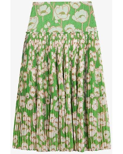Ted Baker Maryin Floral-print Pleated Recycled Polyester-blend Midi Skirt - Green