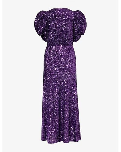ROTATE BIRGER CHRISTENSEN Puffed-sleeve Open-back Sequin Embellished Recycled-polyester Midi Dress - Purple