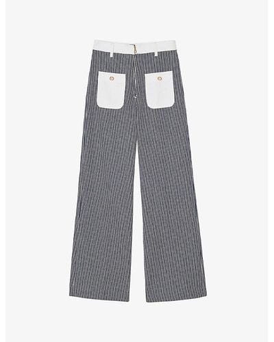Sandro Striped Patch-pocket Flared-leg Mid-rise Cotton Pants - Gray