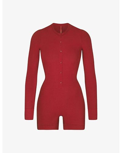 Skims Button-up Long-sleeve Stretch-woven Henley Onesie - Red