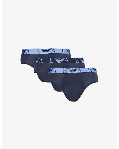 Emporio Armani Branded-waist Stretch-cotton Briefs Pack Of Three - Blue