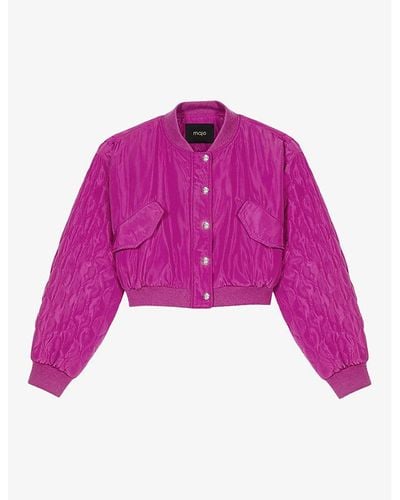 Maje Relaxed-fit Quilted-sleeve Cropped Woven Bomber Jacket - Purple