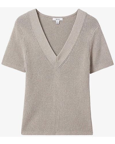 Reiss Rosie V-neck Short-sleeve Knitted Top - Grey