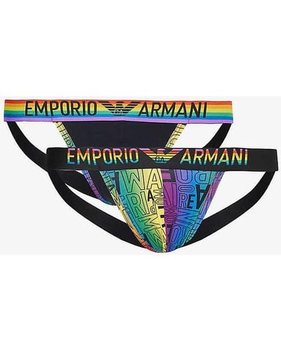 Emporio Armani Rainbow-logo Pack Of Two Stretch-cotton Jockstraps - Blue