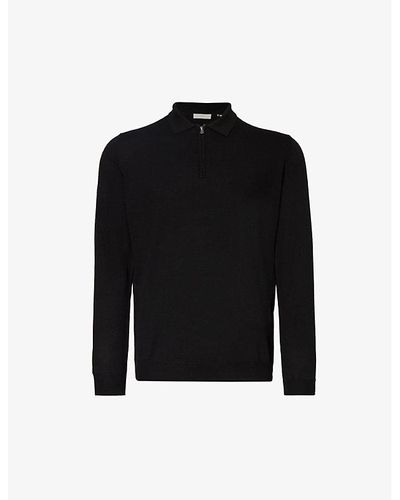 IKKS Fine-knit Brand-plaque Regular-fit Woven-blend Polo Shirt - Black