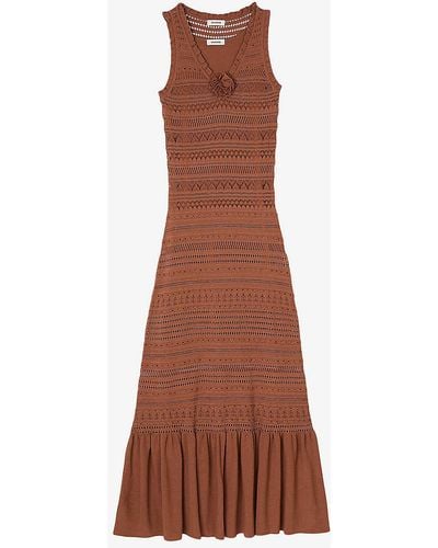 Sandro Open-weave V-neck Knitted Midi Dress - Brown