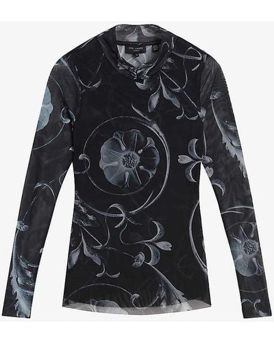 Ted Baker Kaesa Floral-print Stretch-mesh Top - Black