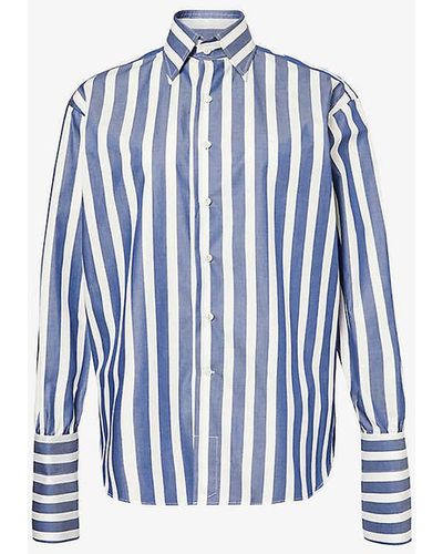 Woera Stripe-pattern Curved-hem Cotton Shirt - Blue