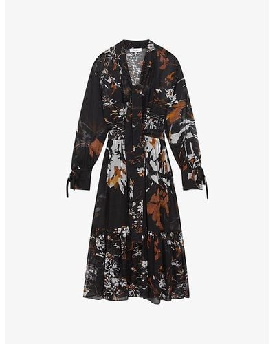Reiss Charlotte Floral-print Belted-waist Woven Midi Dress - Black